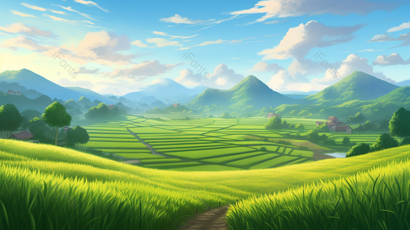 乡野田园风光蓝天白云绿色梯田大场景手绘,插画/手绘图,插画/手绘图库,插画/手绘图下载,插画/手绘